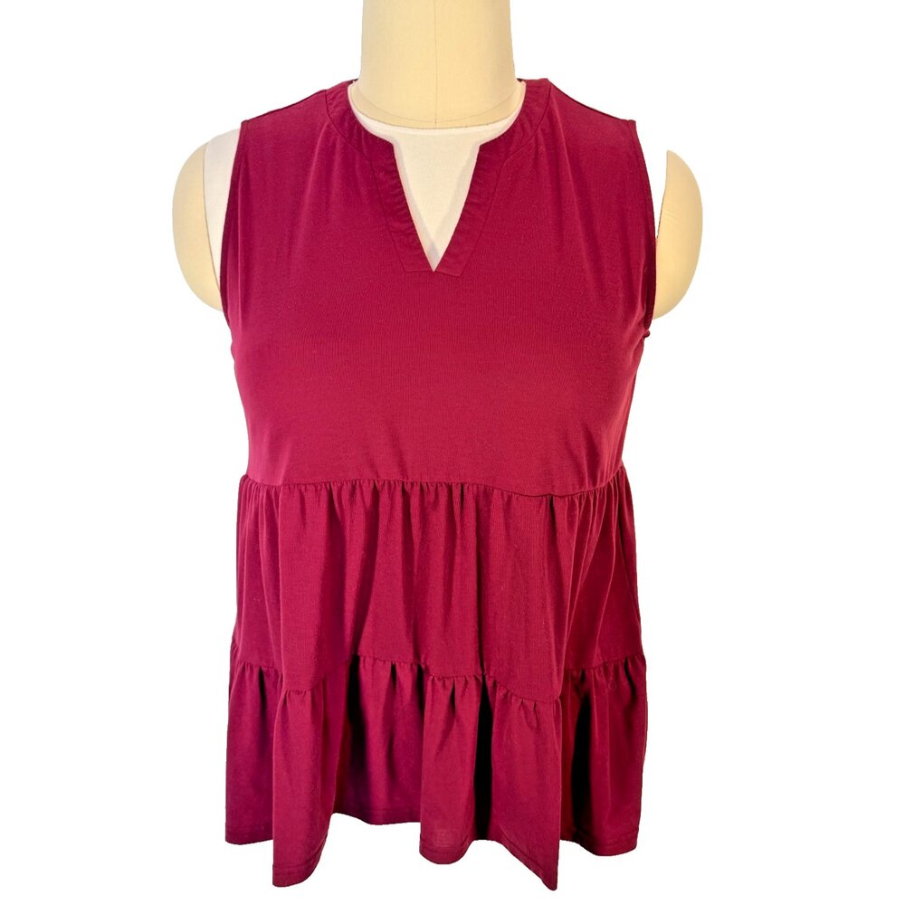 Kojooin Babydoll Tank Top Women's 2XL Burgundy V-Neck Ruffle Tiered Hem